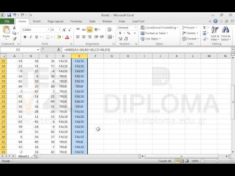 Insert the appropriate function in the cell E3 that returns the value TRUE if the content of
cell A3 is greater than 10 and the content of
cell B3 is greater than 10 and the content of
cell C3 is greater than 10 and the content of
cell D3 is TRUE. 
Otherwise the function should return the value FALSE. 
Reproduce that function up to the cell E50. Finally, insert a function in the cell E1 that returns the value TRUE if the value TRUE is displayed at least once in the cell range E3:E50. (use only the AND and OR functions)