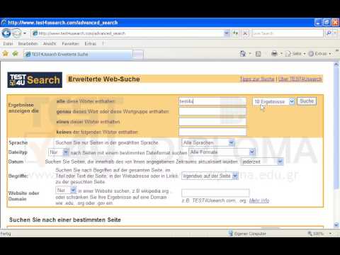 Suchen Sie über die Erweiterte Suche nach Webseiten, die das Stichwort test4u enthalten.
Pro Seite sollen 30 Ergebnisse angezeigt werden. Bevor Sie auf Absenden drücken, stellen Sie sich sicher, dass die Seite mit den Ergebnissen angezeigt wird. 