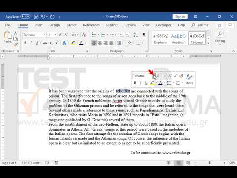 The first paragraph begins with the text It has been suggested that the origins of rebetiko...
Remove bold and single underline style of the word rebetiko, change font into Times New Roman, apply Dark Blue color and Yellow Highlight.