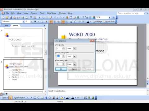 Navigate to the slide titled WORD 2000-Presentation of some menus. Then change the paragraph spacing of the bulleted list placeholder (before and after) into 0.3 lines.
