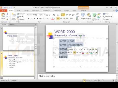 Change auto numbering into bullets in the text box of the slide titled WORD 2000 Presentation of some menus.