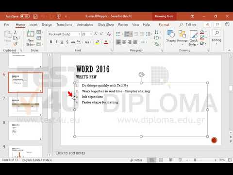 Change auto numbering into bullets in the text box of the slide titled Word 2016-What's new.