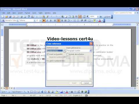 Insert a cross-reference (reference type: bookmark) in the end of the Video-lessons cert4u heading, which will reference the cert4u bookmark.. 