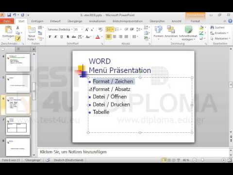 Wechseln Sie zur Folie mit dem Titel WORD Menü Präsentation. Ändern Sie dann das Format vom Aufzählungszeichen im Text Format/Absatz, so dass es wie das Format vom ersten Aufzählungszeichen Format/Zeichen aussieht. Wechseln Sie zur Folie mit dem Titel WORD Menü Präsentation. Ändern Sie dann das Format vom Aufzählungszeichen im Text Format/Absatz, so dass es wie das Format vom ersten Aufzählungszeichen Format/Zeichen aussieht.