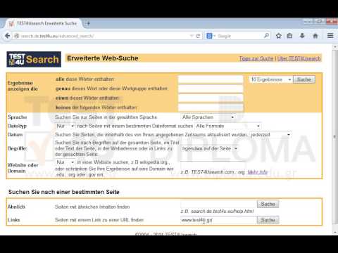 Suchen Sie über die Erweiterte Suche nach den Webseiten, die einen Link zur Webseite www.test4u.gr/index.php enthalten. Bevor Sie auf Absenden drücken, stellen Sie sich sicher, dass die Seite mit den Ergebnissen angezeigt wird. 