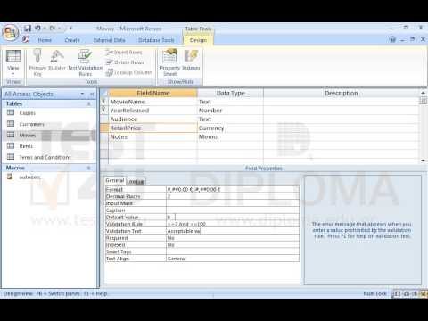 Apply a validation rule to the RetailPrice field in the Movies table to allow entering only prices equal to or higher than 2 and equal to or lower than 100. When the user types different prices, the system will return the message Acceptable values from 2 to 100
Save and close the table. Apply a validation rule to the RetailPrice field in the Movies table to allow entering only prices equal to or higher than 2 and equal to or lower than 100. When the user types different prices, the system will return the message Acceptable values from 2 to 100
Save and close the table.