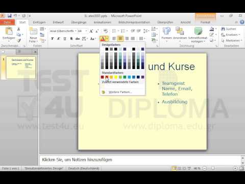Im Titel der aktuellen Folie formatieren Sie die Worte Seminare und Kurse mit roter Schriftfarbe. Im Titel der aktuellen Folie formatieren Sie die Worte Seminare und Kurse mit roter Schriftfarbe.