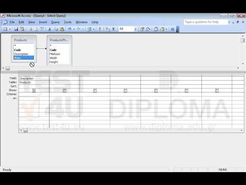 Create a new query that will use the Description and Price fields from the Products table and the FileRoot field of the ProductsPhoto table. Apply a criterion to the FileRoot field to retrieve all records which contain a photo. Make sure that when the query is executed the Description and Price fields only (following this order) are displayed. Save the query as q1 and close it.