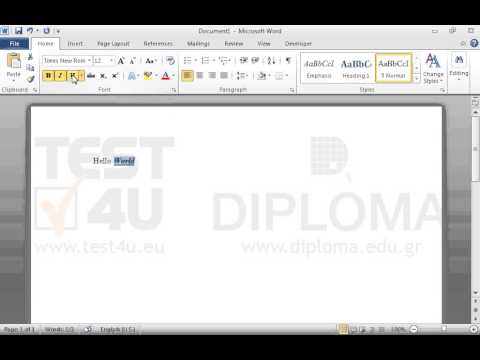 Insert the phrase Hello World in the document already open. The word World should be written in 20pt, bold, italics and underlined font.