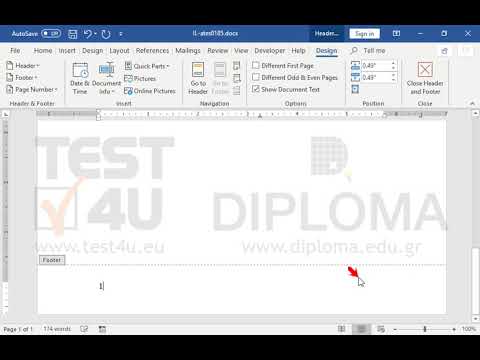 Display the page number at the center of the footer of the current document. Use insert page field option.
