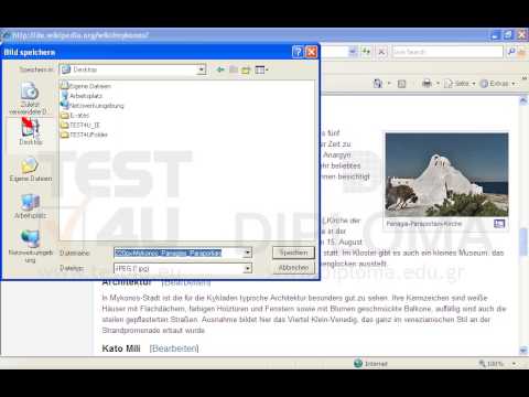 Klicken Sie auf den Mykonos-Link. Speichern Sie dann das Bild der Panagia-Paraportani-Kirche unter dem Namen panagia.jpg im Ordner TEST4U_IE, der sich auf dem Desktop befindet.