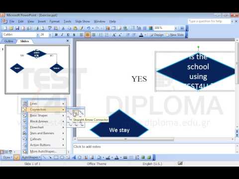 Change the shape of the slide which displays the text Is the school using TEST4U? to Decision shape, without altering the text. Then connect the shapes Is the school using TEST4U? and We stay using an Elbow Connector line with an arrow pointing downwards. Change the shape of the slide which displays the text Is the school using TEST4U? to Decision shape, without altering the text. Then connect the shapes Is the school using TEST4U? and We stay using an Elbow Connector line with an arrow pointing downwards.