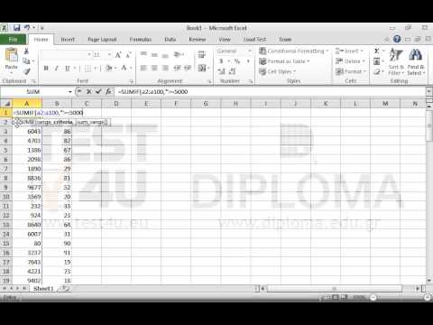 Insert the appropriate function in the cell A1 to sum up values greater than or equal to 5000 in the cell range A2:A100.
Insert the appropriate function in the cell B1 to sum up the cells, the corresponding cells of which in column A display a value greater than or equal to 5000, in the cell range B2:B100. Insert the appropriate function in the cell A1 to sum up values greater than or equal to 5000 in the cell range A2:A100.
Insert the appropriate function in the cell B1 to sum up the cells, the corresponding cells of which in column A display a value greater than or equal to 5000, in the cell range B2:B100.