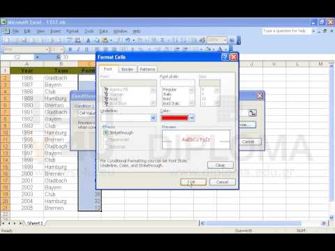 Apply conditional formatting in the cell range C2:C21. Format the teams which have received up to 30 points with red font and the teams which have received 31 or more points with blue font. Apply conditional formatting in the cell range C2:C21. Format the teams which have received up to 30 points with red font and the teams which have received 31 or more points with blue font.