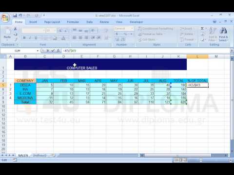 In the cell L5 of the SALES worksheet enter a formula that returns the quotient of the cell K5 divided by the cell K9 keeping the reference to the cell K9 stable. Extend the formula to the cell range L6:L9. In the cell L5 of the SALES worksheet enter a formula that returns the quotient of the cell K5 divided by the cell K9 keeping the reference to the cell K9 stable. Extend the formula to the cell range L6:L9.