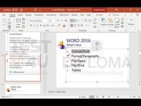 Navigate to the slide titled WORD 2016-What’s New. Then change the style of the bullet which appears before the text Format/Paragraph so that it is identical to the style of the first bulleted text Format/Font.