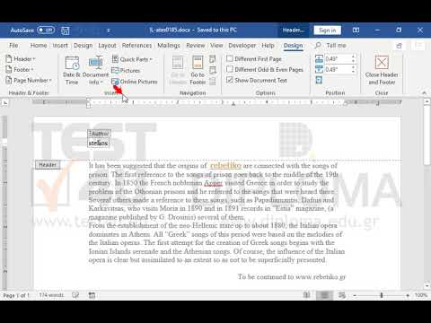 Show to the left part of the header, by inserting field, the name of the author of the document.