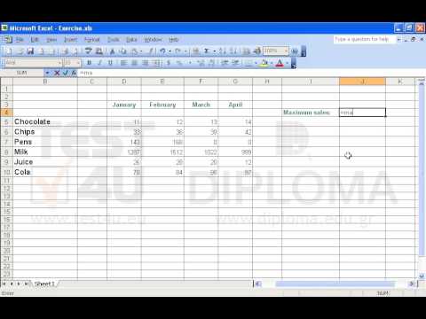 Navigate to the cell J4 and insert there the appropriate function to display the maximum value of the cell range F5:F10. Navigate to the cell J4 and insert there the appropriate function to display the maximum value of the cell range F5:F10.