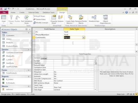 Insert one more field named Comments at the end of the Customers table that will allow entering a text of more than 1000 characters in lower case format. Save and close the table.