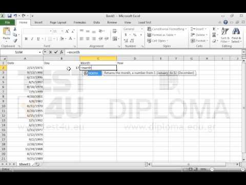 In the cell range B2:D21, insert the appropriate functions so that 
column B displays the day of the date appearing in column A,
column C displays the month of the date appearing in column A, 
column D to displays the year of the date appearing in column A.