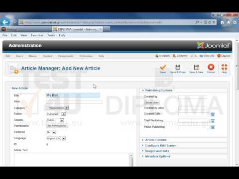 Create amd publish a new article with title My first article and text Hello World!. Set the article's category as Presentatinon. Keep in mind to set the article as featured. Create amd publish a new article with title My first article and text Hello World!. Set the article's category as Presentatinon. Keep in mind to set the article as featured.