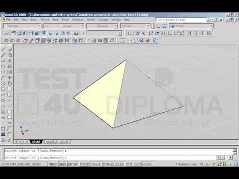 Ανοίξτε το αρχείο με όνομα TEST 117.dwg από τον φάκελο IL-ates\CAD της επιφάνειας εργασίας και χρησιμοποιώντας την κατάλληλη εντολή από την διαδικασία επεξεργασίας στερεών (Solidedit), χρωματίστε δύο δική σας επιλογής από τις ακμές της πυραμίδας με κόκκινο και μπλε. Αποδεχθείτε τις υπόλοιπες προτεινόμενες τιμές. Εμφανίστε το σχέδιο με απεικόνιση (Visual Style) 3D Hidden.