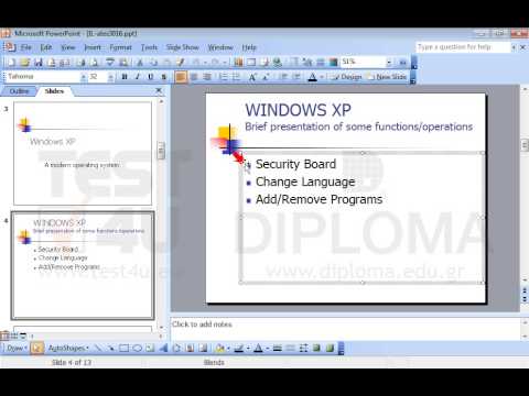 On the slide titled WINDOWS XP - Brief presentation of some functions/operations change the font of the first bulleted text into Times New Roman.