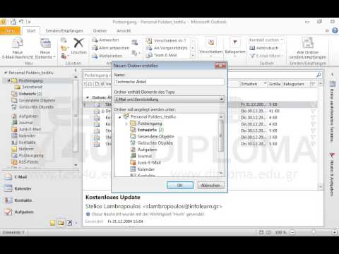 Erstellen Sie einen Unterordner mit dem Namen Technische Abteilung im Ordner Posteingang. Verschieben Sie dann die Nachricht von Kostas Goutoudis mit dem Betreff Neue Codes aus dem Ordner Posteingang in den Unterordner Technische Abteilung. 