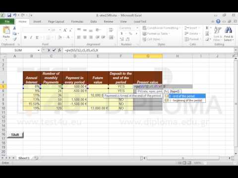 Insert the appropriate functions in the cell range G5:G10 that returns the present value of an investment based on future payments using current values. Necessary data are provided in the cell range B5:F10.