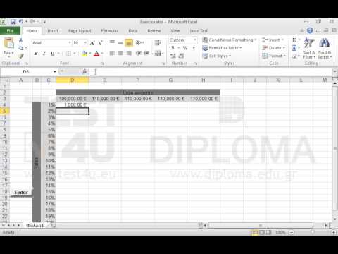 Enter a function in the cell range D4:H23 to return the interest amounts for the interest rates displayed in the cell range C4:C23 and for the loan amounts appearing in the cell range D3:H3.