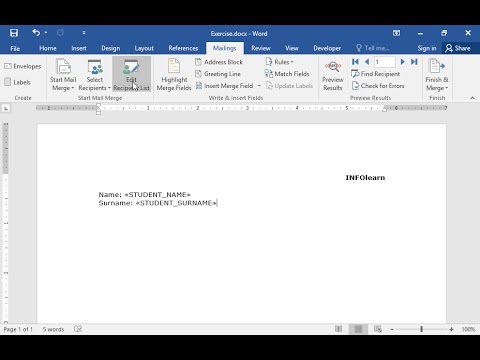 Sort the recipient list data by student name in descending order and complete mail merging in a new Word document.