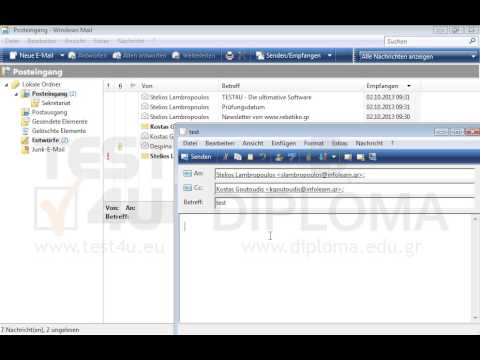 Verfassen und senden Sie eine neue Nachricht an Stelios Lambropoulos und eine Kopie (Cc) an Kostas Goutoudis mit dem Betreff test und den Text Die erste Übung 