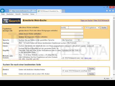 Suchen Sie über die Erweiterte Suche nach Webseiten, die das Stichwort test4u enthalten.
Pro Seite sollen 30 Ergebnisse angezeigt werden. Bevor Sie auf Absenden drücken, stellen Sie sich sicher, dass die Seite mit den Ergebnissen angezeigt wird. Suchen Sie über die Erweiterte Suche nach Webseiten, die das Stichwort test4u enthalten.
Pro Seite sollen 30 Ergebnisse angezeigt werden. Bevor Sie auf Absenden drücken, stellen Sie sich sicher, dass die Seite mit den Ergebnissen angezeigt wird.