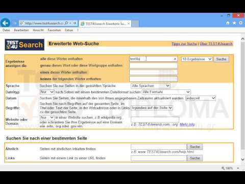 Suchen Sie über die Erweiterte Suche nach Webseiten, die das Stichwort test4u enthalten.
Pro Seite sollen 30 Ergebnisse angezeigt werden. Bevor Sie auf Absenden drücken, stellen Sie sich sicher, dass die Seite mit den Ergebnissen angezeigt wird. 