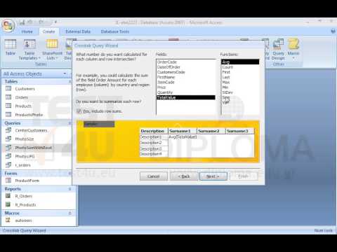 Create a new crosstab query named mymap based on the r_orders query that will display the Description field as row heading, the Surname field as column heading and the sum of values in the TotalValue field named sum1.
Apply sorting by Description in ascending order.