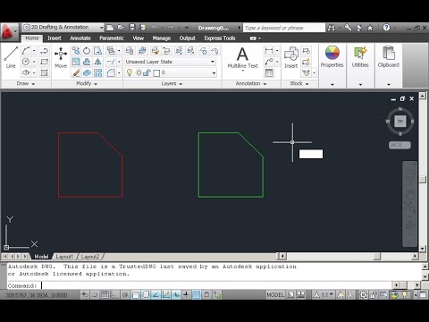 Scale the green object to 1:2. The lower side of the object should remain in the same level as the lower side of the red object. Save the drawing. Scale the green object to 1:2. The lower side of the object should remain in the same level as the lower side of the red object. Save the drawing.