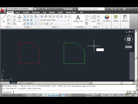 Scale the green object to 1:2. The lower side of the object should remain in the same level as the lower side of the red object. Save the drawing.