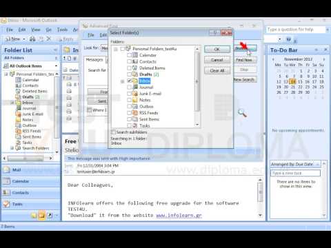 Use the Find command to locate all email messages which appear in the Personal Folders_test4u folder and in its subfolders, are sent to Infolearn and contain the word Free in their subject (do not close the find dialog window).