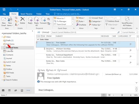 Restore the deleted email with subject Fw: Free Update into the Sent Items folder.