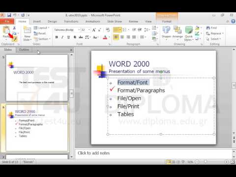 Navigate to the slide titled WORD 2000-Presentation of some of its menus. Then change the style of the bullet which appears before the text Format/Paragraph so that it is identical to the style of the first bulleted text Format/Font.