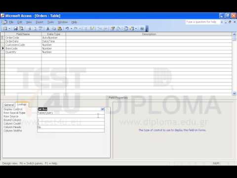 Set the display control of the ItemCode field in the Orders table as List Box. Make sure the Row Source Type property is Table/Query and the data are derived from the Products table. Save and close the table.