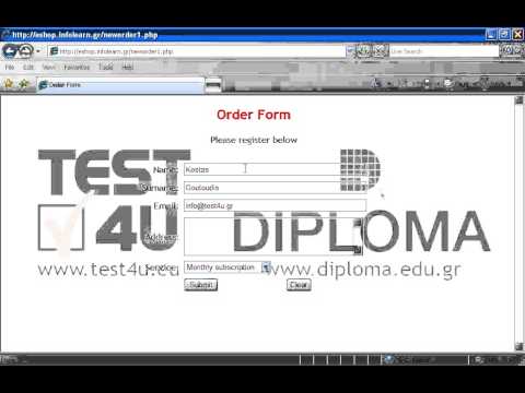 Go to the appropriate page to place a new order. Fill in the order form, using the following data:
Name: Kostas
Surname: Goutoudis
email: info@test4u.gr
Address: 6th Pindou st.
Service: Annual subscription
Then submit your order. Go to the appropriate page to place a new order. Fill in the order form, using the following data:
Name: Kostas
Surname: Goutoudis
email: info@test4u.gr
Address: 6th Pindou st.
Service: Annual subscription
Then submit your order.