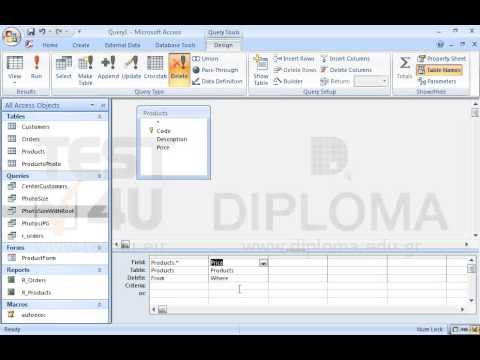 Create a new query named del2 that deletes all records where the Price field value is equal or less than 100 from the Products table. Run the query. Create a new query named del2 that deletes all records where the Price field value is equal or less than 100 from the Products table. Run the query.