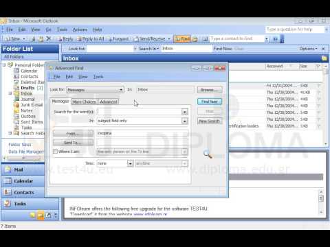 Use the Find command to locate all email messages in your Inbox (not in its subfolders) sent by Despina, which display the word Infolearn in their subject field (do not close the Find dialog window).