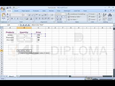 Navigate to the cell B10 and use the appropriate function to display the text YES, if the price of the item SCREEN is less than 115. Otherwise, the function returns the text NO.