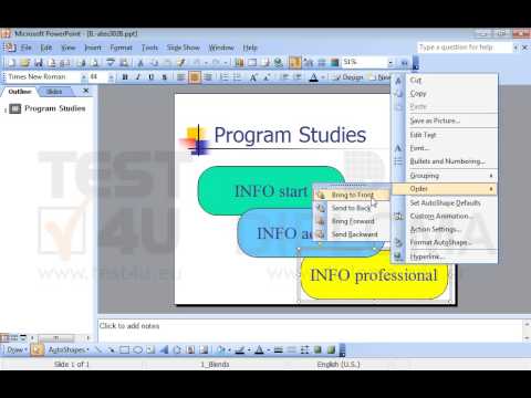 On the current slide place the drawing object which displays the text INFO professional in front of the object which displays the text INFO advanced.