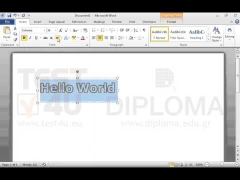Insert a WordArt design using the text Hello World, font 32pt Tahoma, in Triangle Down transform text effect.