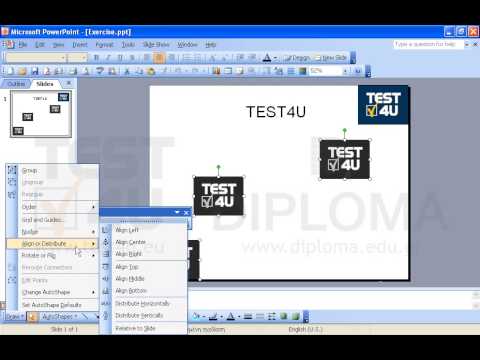 Apply horizontal distribution on the three TEST4U logos (colored in grayscale) of the slide. The distribution should be aligned to the slide.