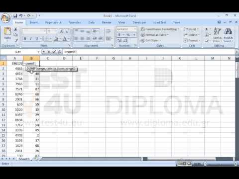 Insert the appropriate function in the cell A1 to sum up values greater than or equal to 5000 in the cell range A2:A100.
Insert the appropriate function in the cell B1 to sum up the cells, the corresponding cells of which in column A display a value greater than or equal to 5000, in the cell range B2:B100.