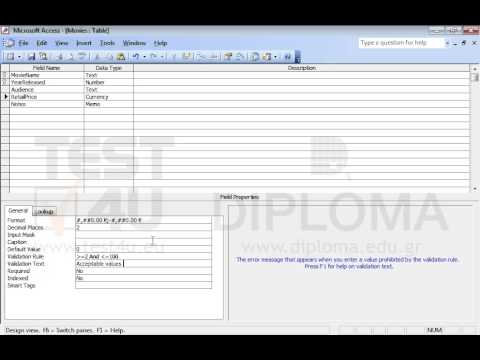 Apply a validation rule to the RetailPrice field in the Movies table to allow entering only prices equal to or higher than 2 and equal to or lower than 100. When the user types different prices, the system will return the message Acceptable values from 2 to 100
Save and close the table. Apply a validation rule to the RetailPrice field in the Movies table to allow entering only prices equal to or higher than 2 and equal to or lower than 100. When the user types different prices, the system will return the message Acceptable values from 2 to 100
Save and close the table.